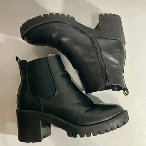 Top Moda Black Leather Ankle Boots Zip Closure Bianca-66 Size 7.5 Chunky Heel sh